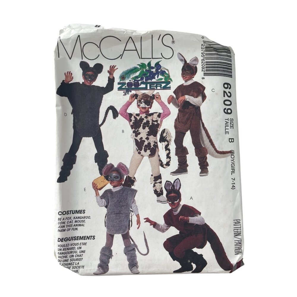 90s McCalls 6209 Childrens Animal Costumes Sewing Pattern Sizes 7-14 Vintage CUT